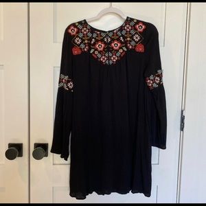 Fransesca's Blue Rain Black Embroidered Boho Gauze Tunic Dress- Large
